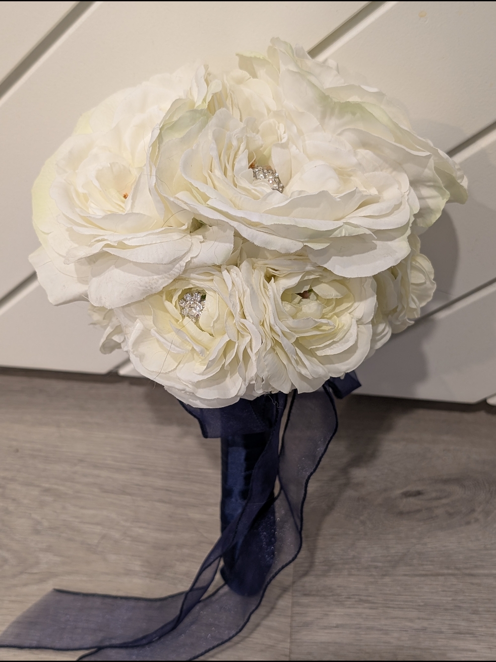 Artificial Bridal Bouquet - White Peony with Sparkles & Navy Blue Ribbon Handle - Picture 7 of 10